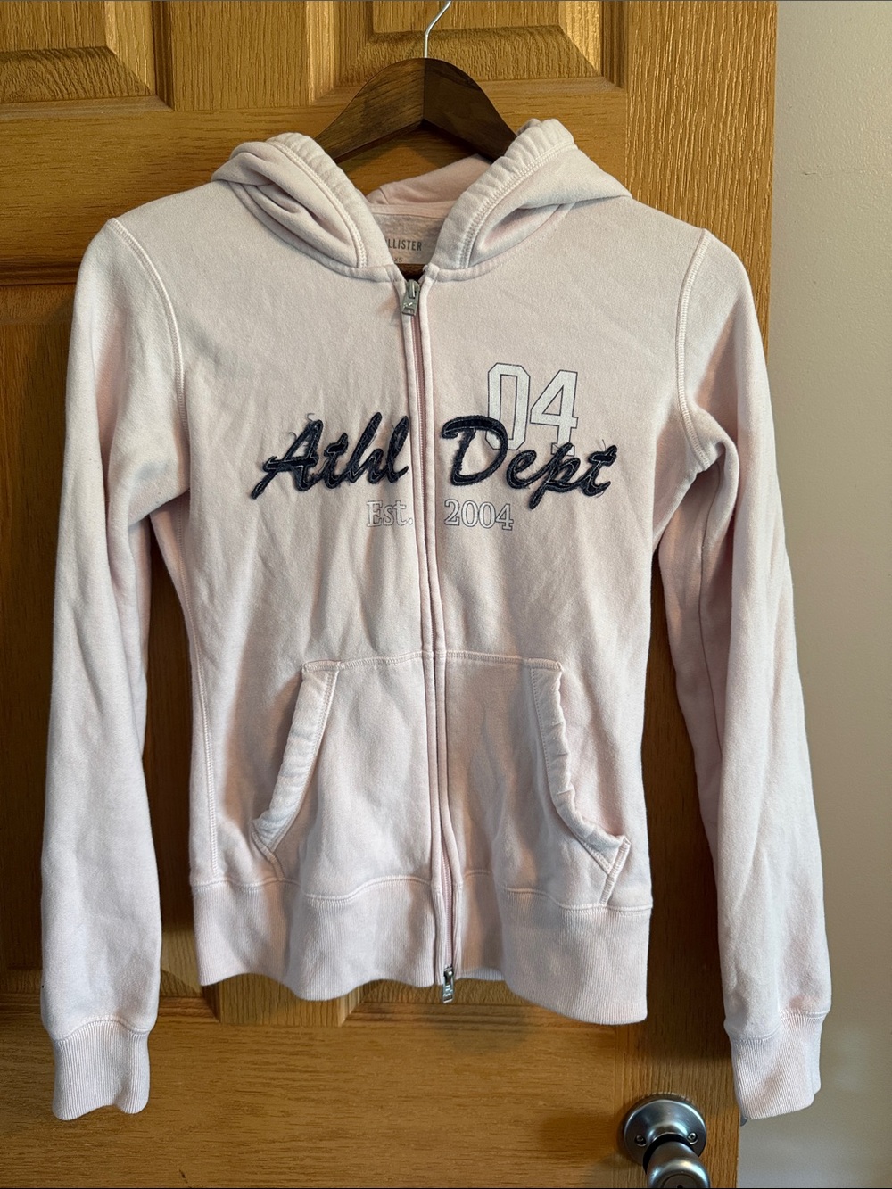 Hollister Pale Pink Zip-Up Hoodie with Navy Embroidered Script